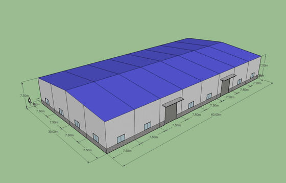 60m × 30m × 7.5m คลังสินค้าเหล็ก / ASTM A36 อาคารโครงสร้างเหล็กสำเร็จรูป