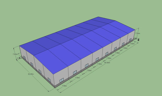 60m × 30m × 7.5m คลังสินค้าเหล็ก / ASTM A36 อาคารโครงสร้างเหล็กสำเร็จรูป
